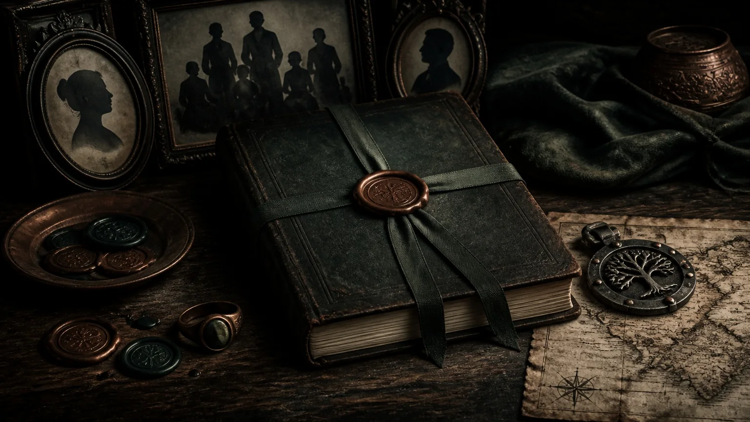 A parchment family record with fantasy surnames, seals, and a quill