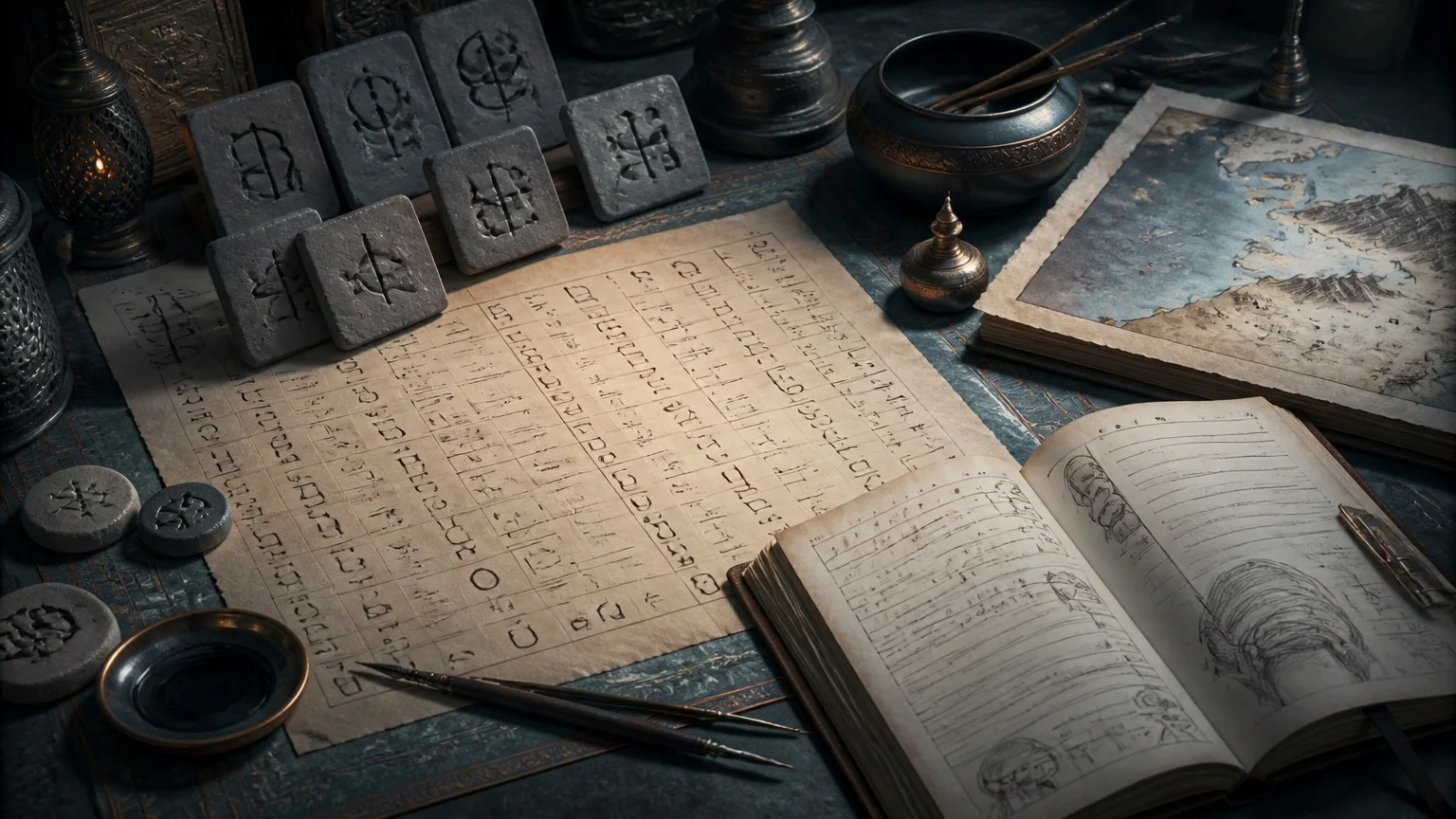 A fantasy linguist's desk with handwritten glyphs, pronunciation notes, and a map