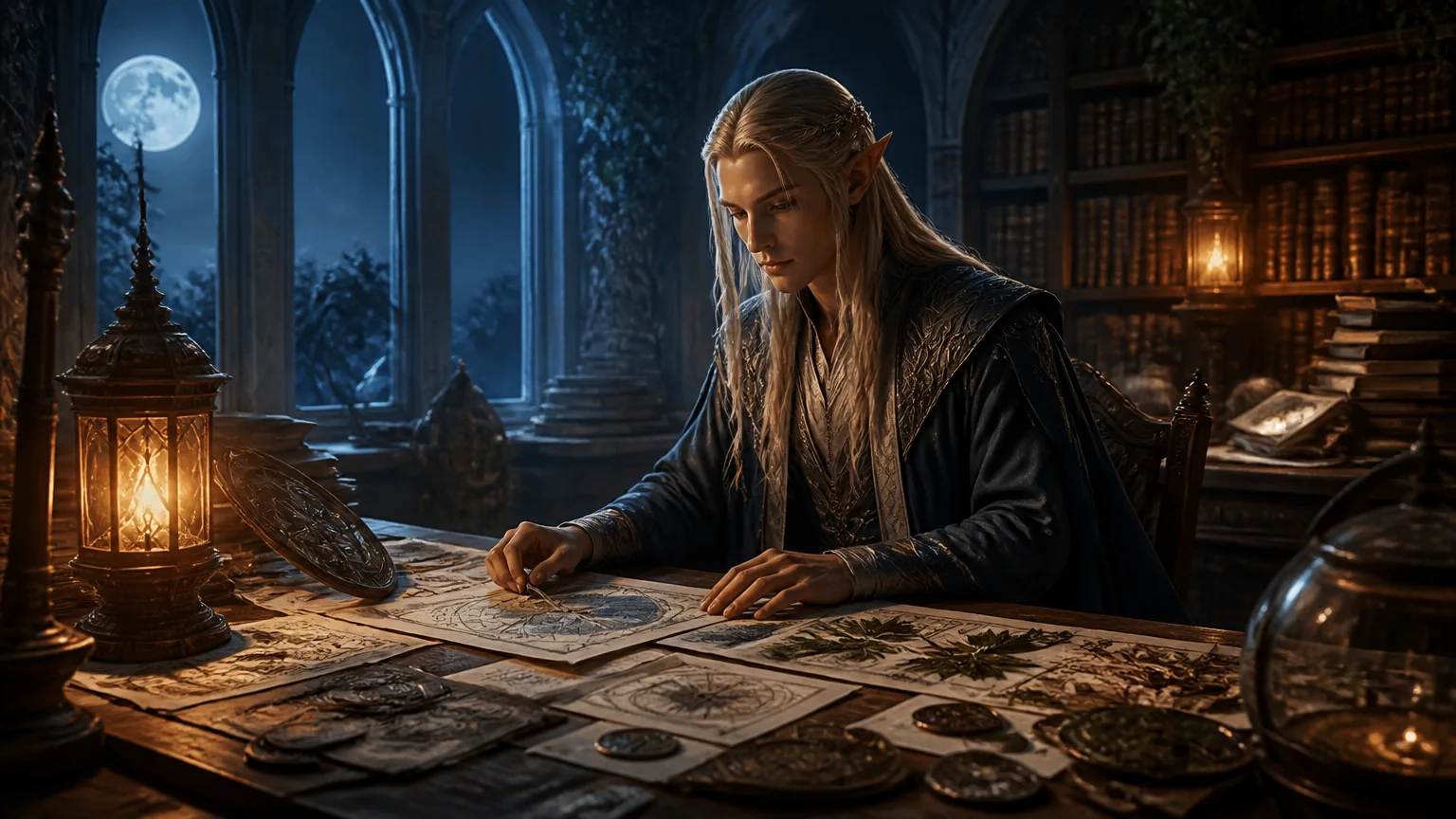 An elf archivist studying names in a candlelit library
