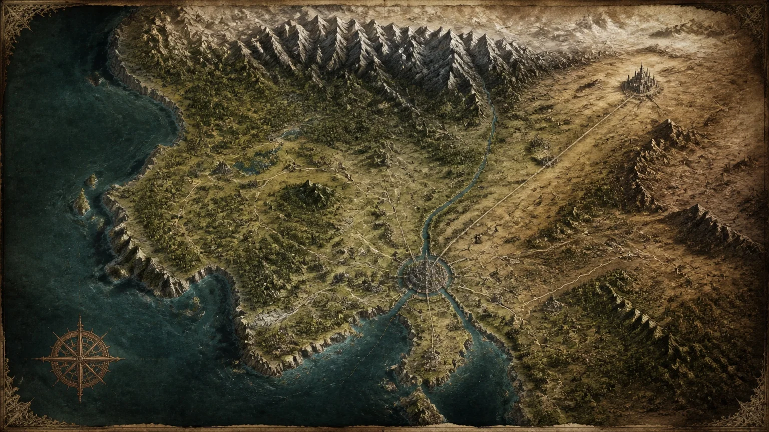 A mountain kingdom with a walled capital and distant peaks