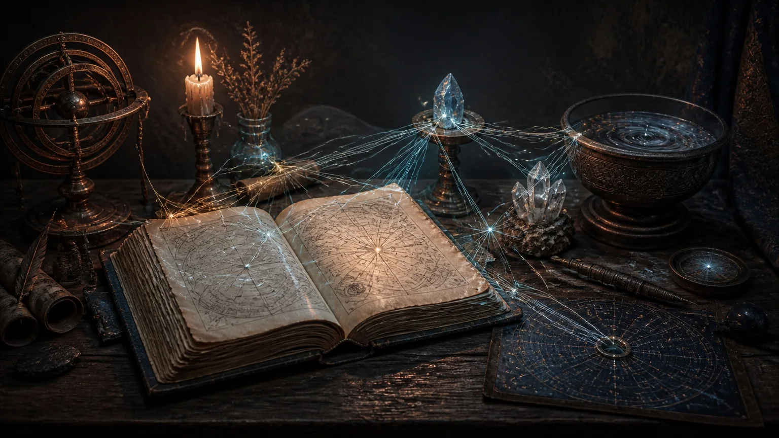 An arcane scholar studying a magical system of glowing symbols and crystals