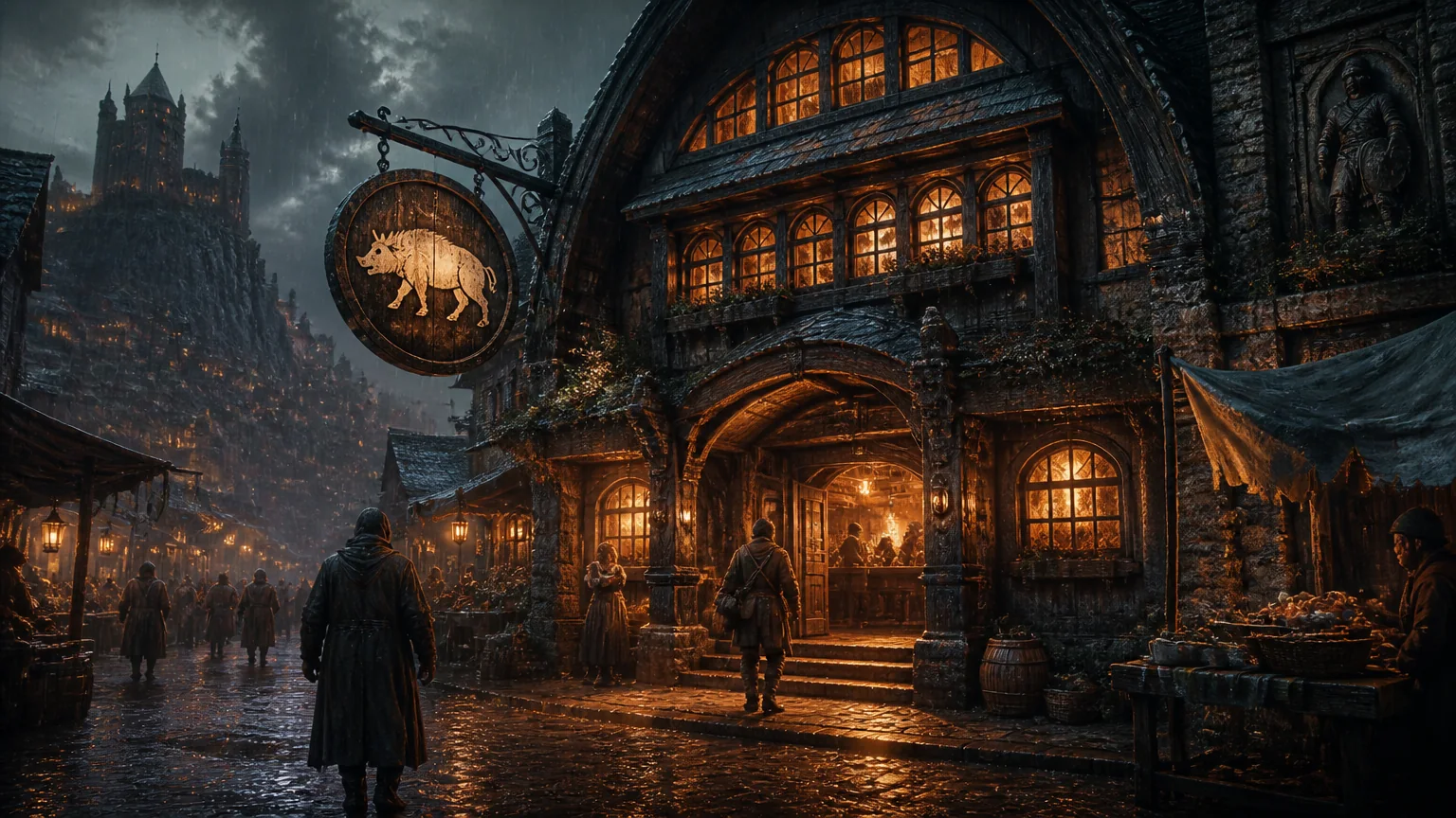 A welcoming fantasy tavern at night